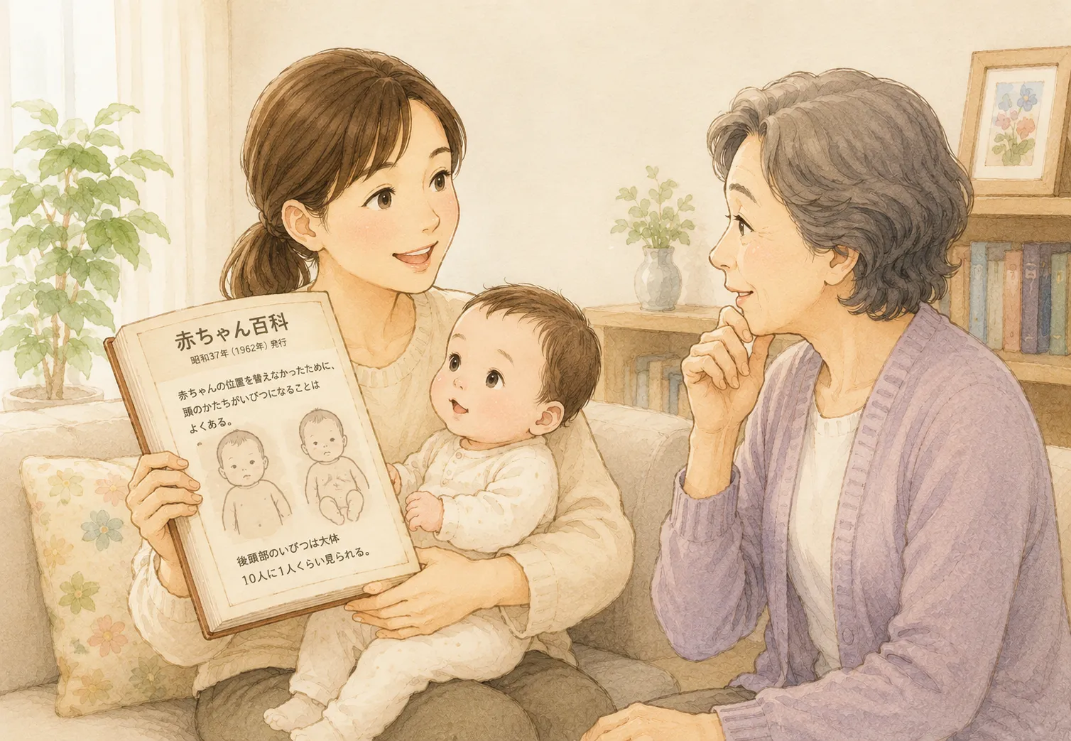 昭和37年の育児書に描かれた「赤ちゃんの寝かせ方と頭の変形」の注意書きを引用するイラスト
