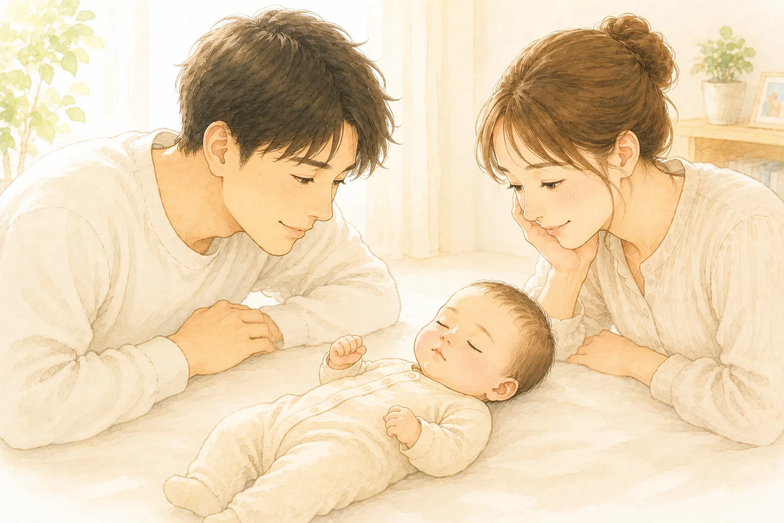 穏やかに眠る赤ちゃんと、愛おしそうに見つめるパパ・ママのイラスト
