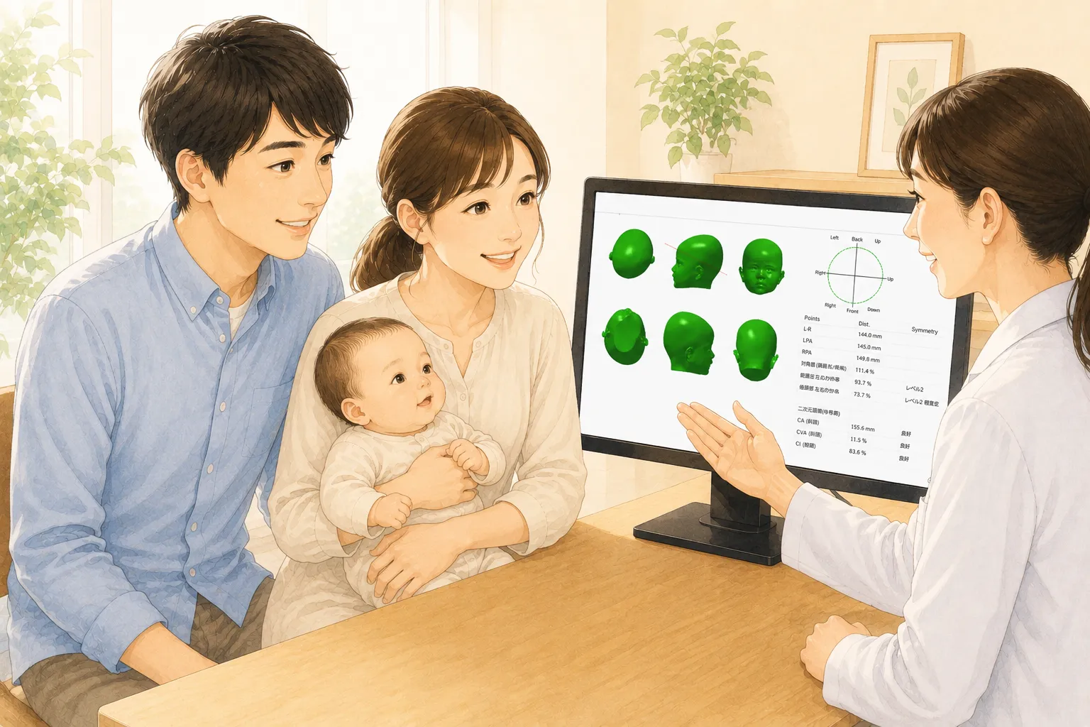 3Dスキャンを用いた客観的なゆがみ測定を受け、医師から優しいアドバイスをもらって笑顔になるパパ・ママの安心イラストイメージ