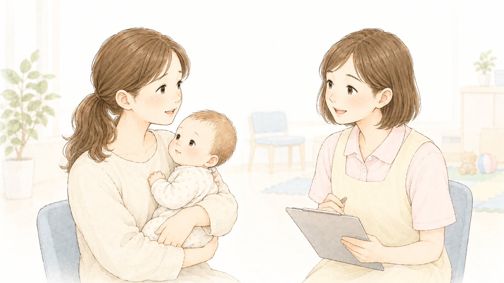 乳幼児健診で保健師に相談する保護者と赤ちゃんのイラスト